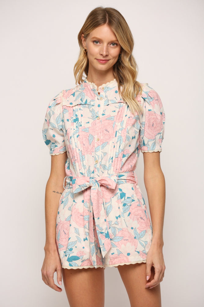 FLORAL PRINT LINEN BLEND FABRIC WITH LACE TRIMMED ROMPER