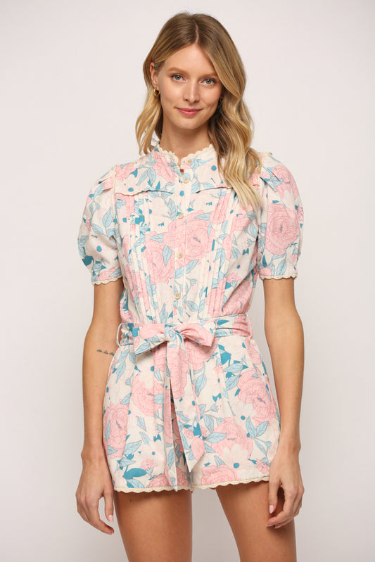 FLORAL PRINT LINEN BLEND FABRIC WITH LACE TRIMMED ROMPER