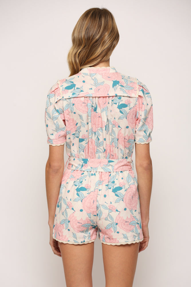 FLORAL PRINT LINEN BLEND FABRIC WITH LACE TRIMMED ROMPER