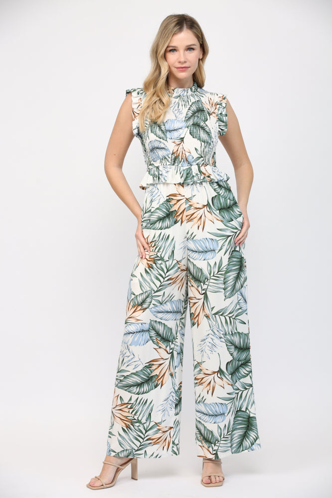 TROPICAL PRINT SMOCKED WIDE LEG JUMPSUIT F206