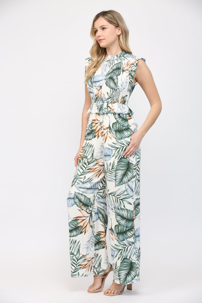 TROPICAL PRINT SMOCKED WIDE LEG JUMPSUIT F206