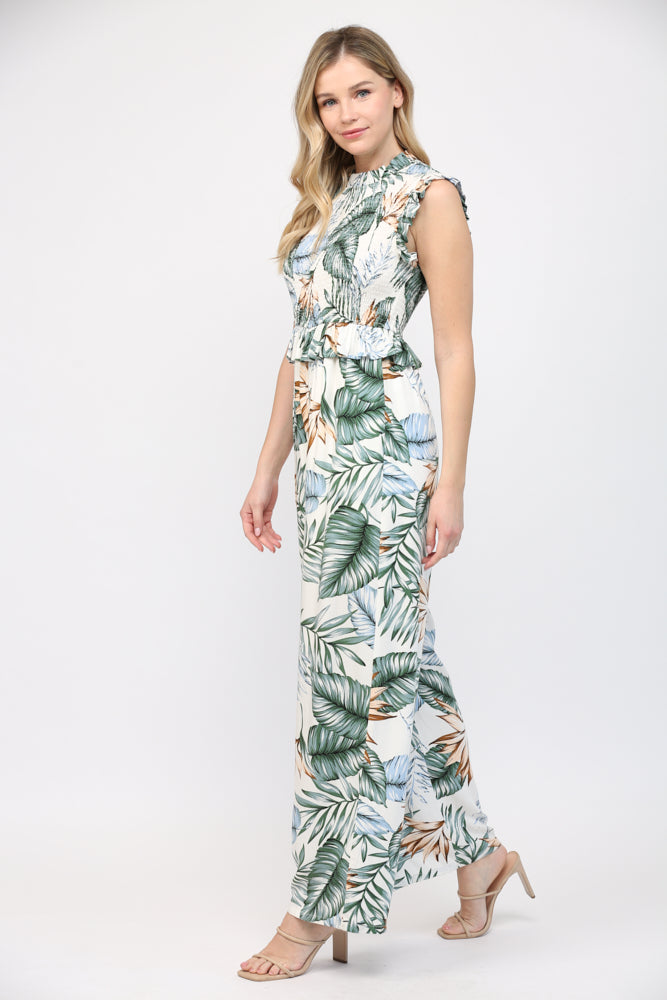 TROPICAL PRINT SMOCKED WIDE LEG JUMPSUIT F206