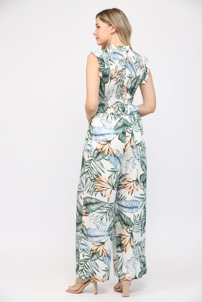 TROPICAL PRINT SMOCKED WIDE LEG JUMPSUIT F206