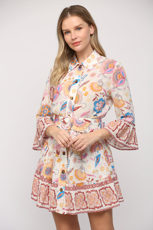 BORDER PRINT CENTER FRONT BUTTON PLACKET BELTED DRESS - A409