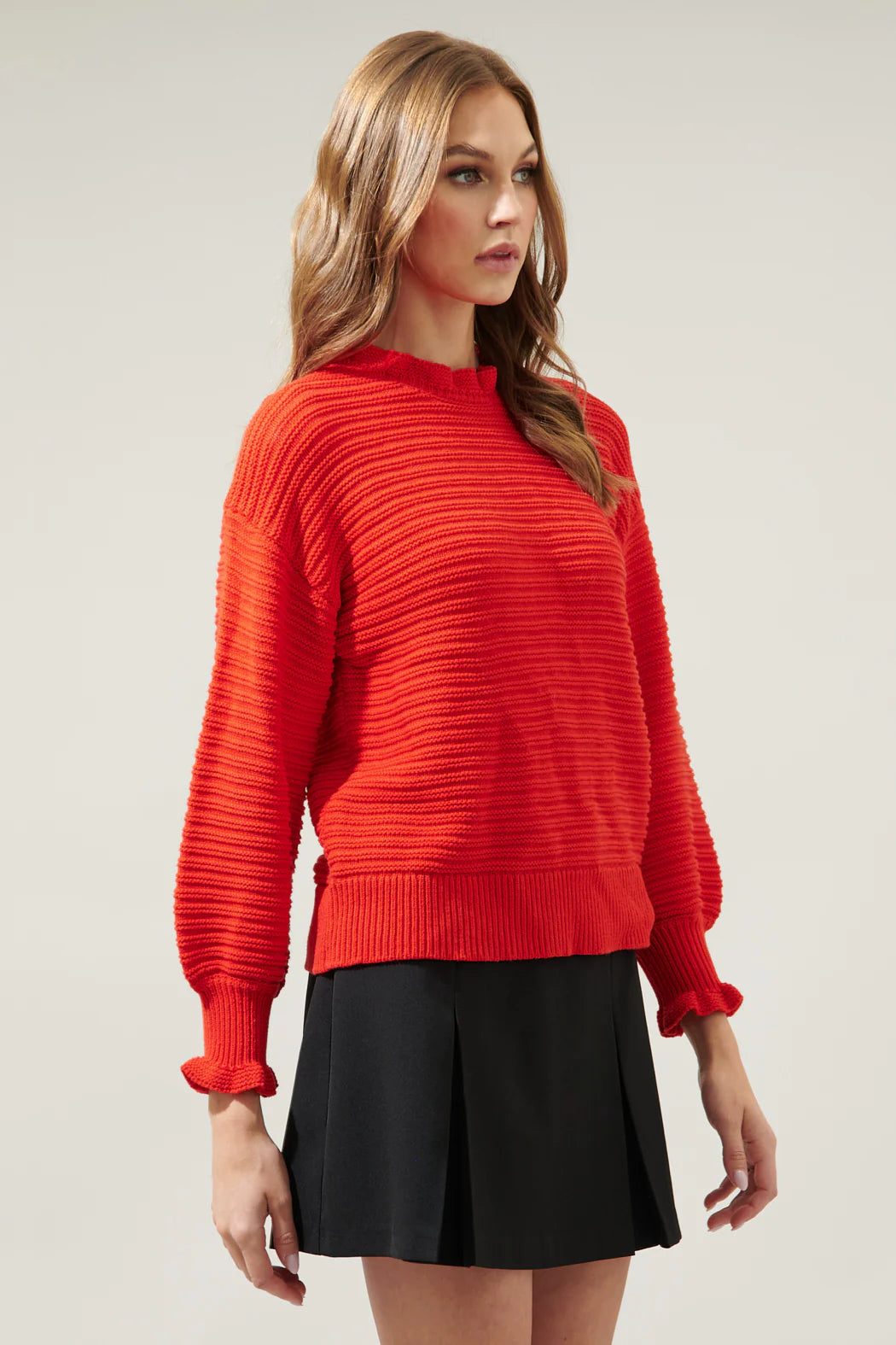 Vee Ruffle Neck Ribbed Sweater A617