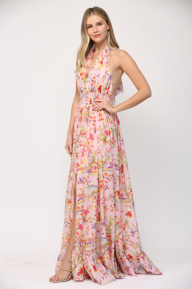 PRINTED COTTON VOILE TIE BACK MAXI DRESS J201