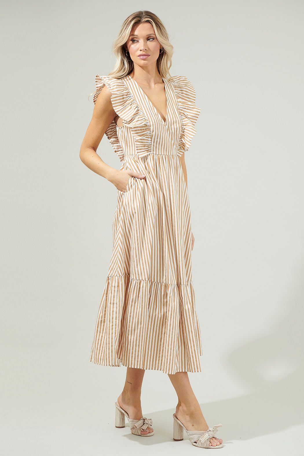 Striped Fairness Taupe Poplin Surplice Midi Dress - A721