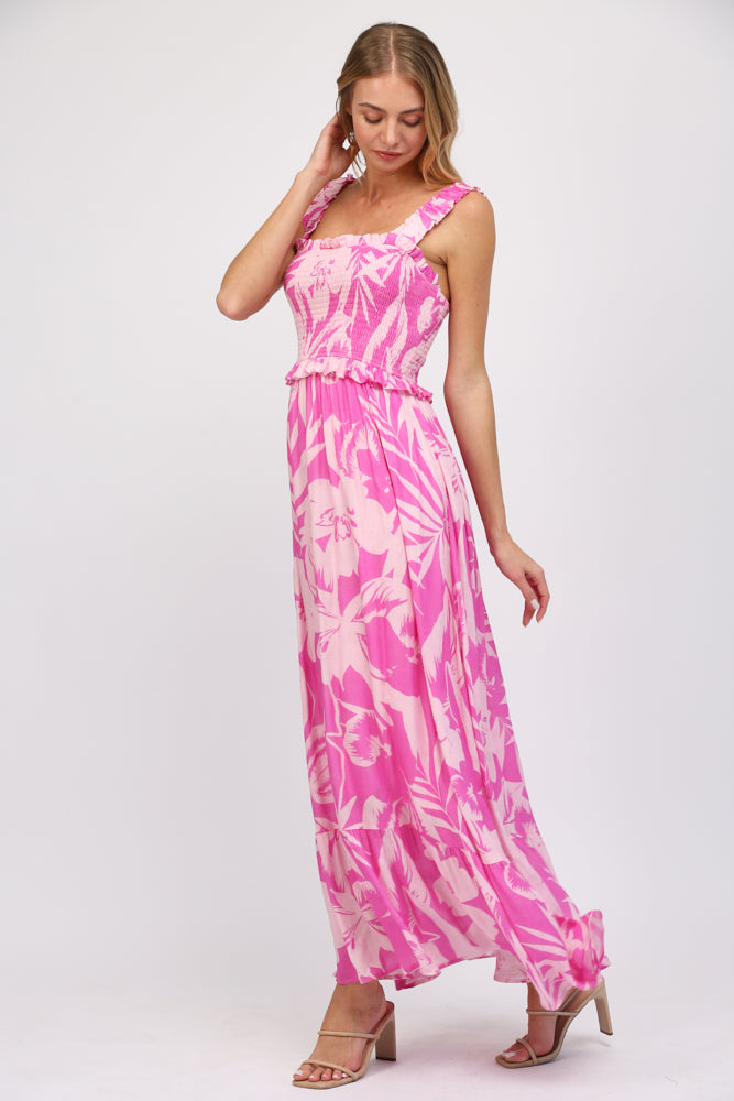 Printed Jacquard Rayon Smocked Bodice Maxi Dress - J308