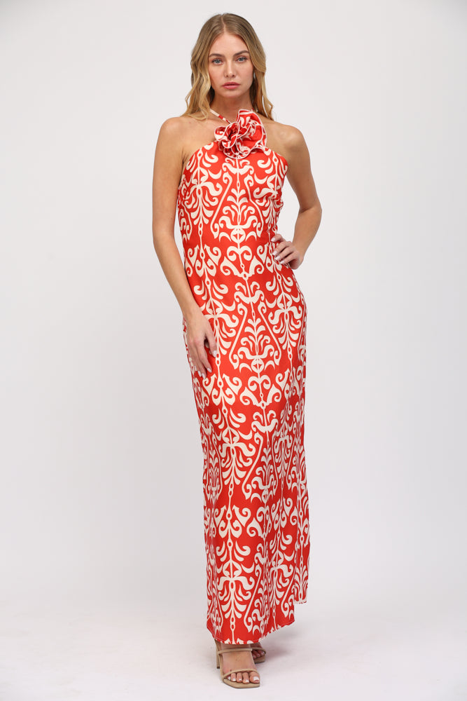 Front Neck Floral Corsage Detailed Open Back Slim Maxi Dress - J305