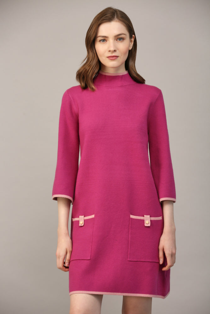 CONTRAST COLOR KNIT MOCK NECK SWEATER DRESS - B612