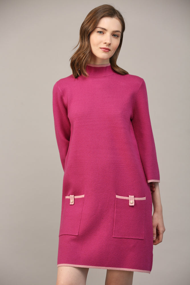 CONTRAST COLOR KNIT MOCK NECK SWEATER DRESS - B612