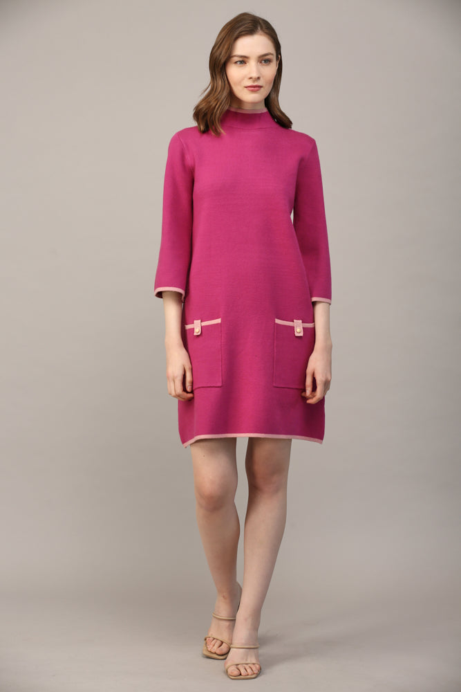 CONTRAST COLOR KNIT MOCK NECK SWEATER DRESS - B612