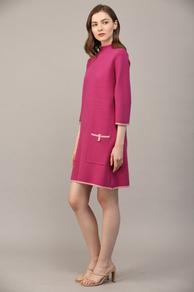 CONTRAST COLOR KNIT MOCK NECK SWEATER DRESS - B612