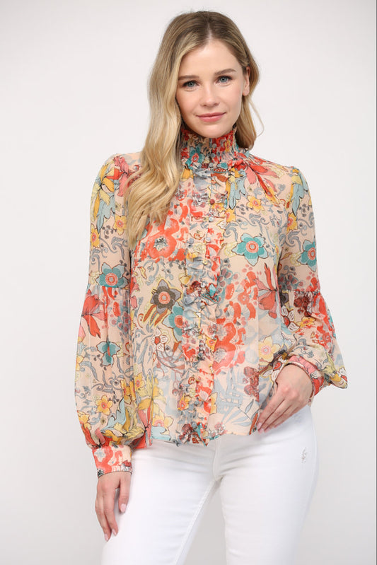 FRONT RUFFLE PLACKET HIGH NECK BLOUSE 473