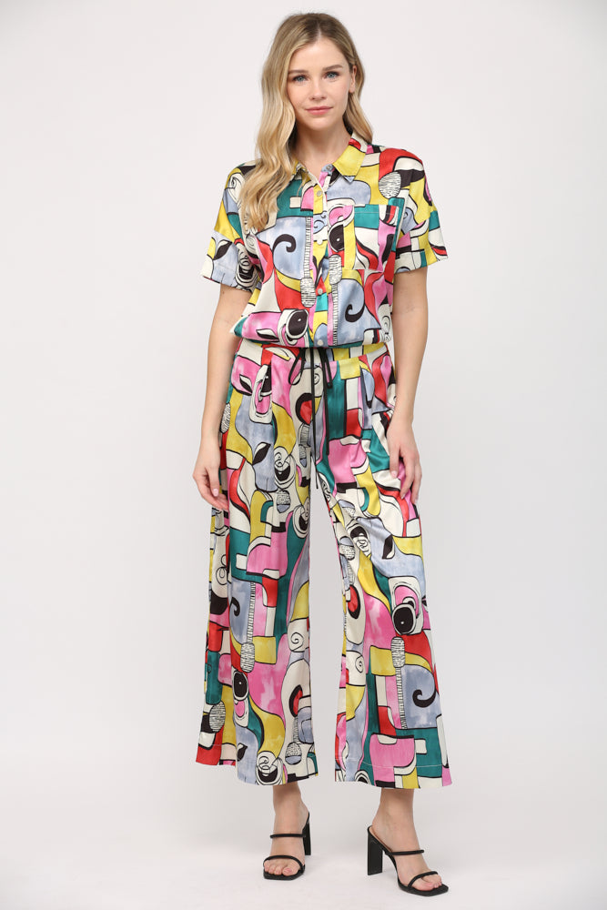 ABSTRACT PRINT WIDE LEG PANTS & SHORT SLEEVE CROP SHIRT