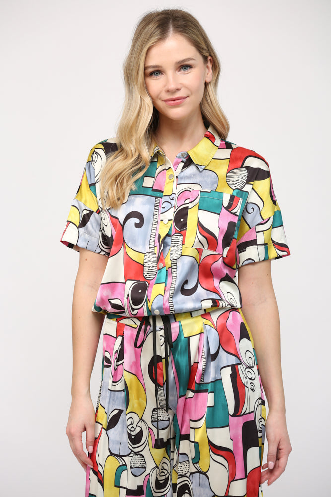 ABSTRACT PRINT WIDE LEG PANTS & SHORT SLEEVE CROP SHIRT