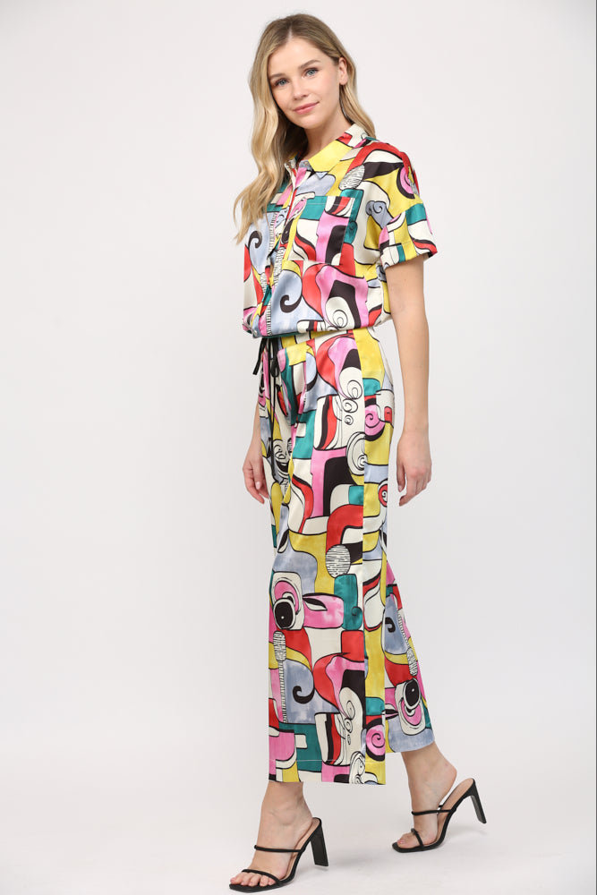 ABSTRACT PRINT WIDE LEG PANTS & SHORT SLEEVE CROP SHIRT