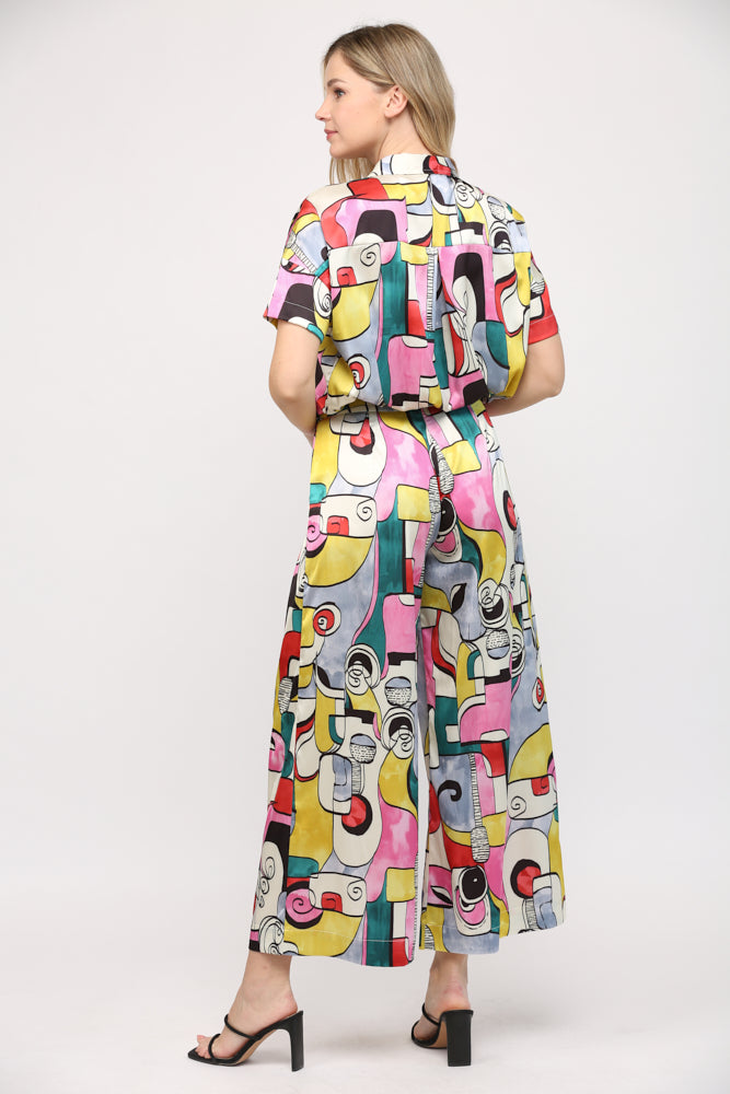 ABSTRACT PRINT WIDE LEG PANTS & SHORT SLEEVE CROP SHIRT