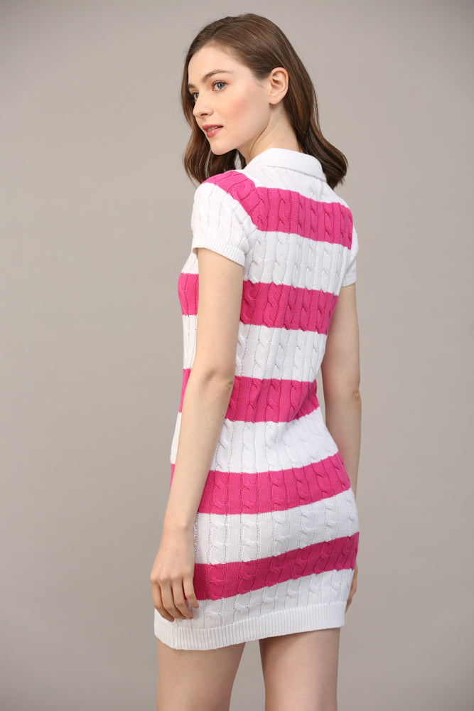 Stripe Polo Collar Short Slv Sweater Dress - J411