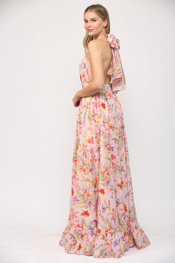 PRINTED COTTON VOILE TIE BACK MAXI DRESS J201