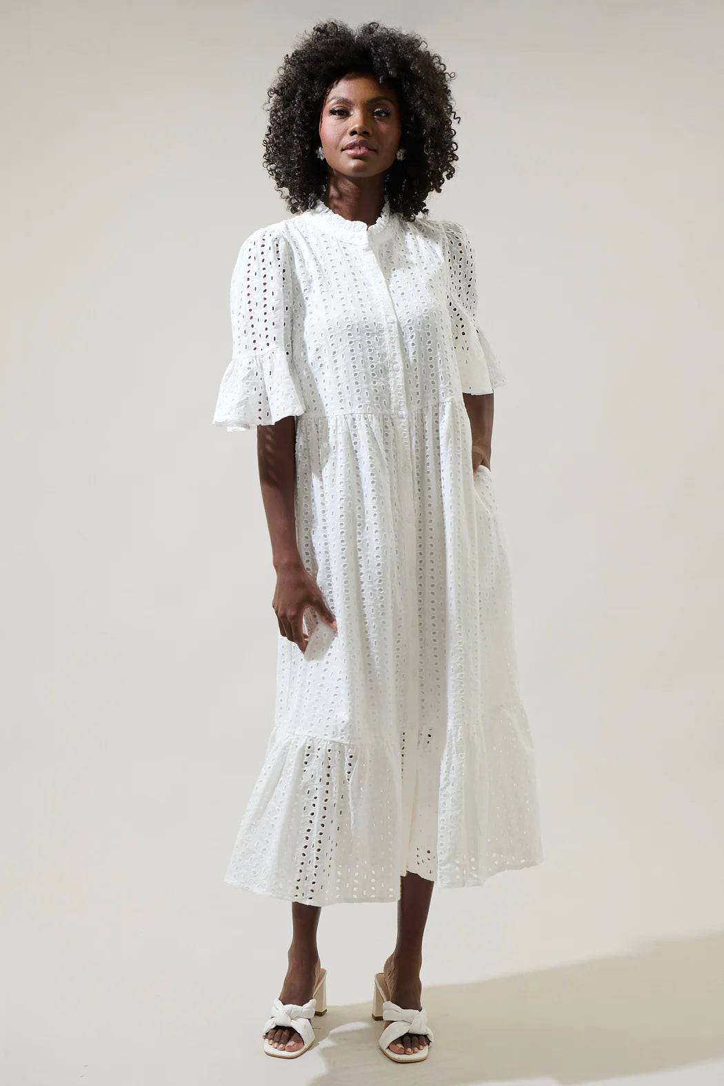 Kaylie Eyelet Pem Button Down Midi Dress - B312