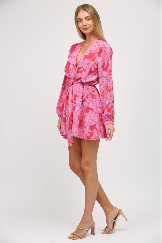 TROPICAL PRINT CHIFFON BELTED ROMPER - J108