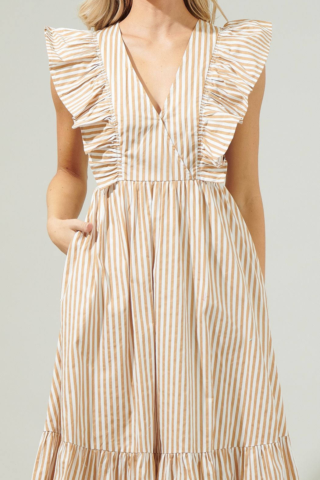 Striped Fairness Taupe Poplin Surplice Midi Dress - A721