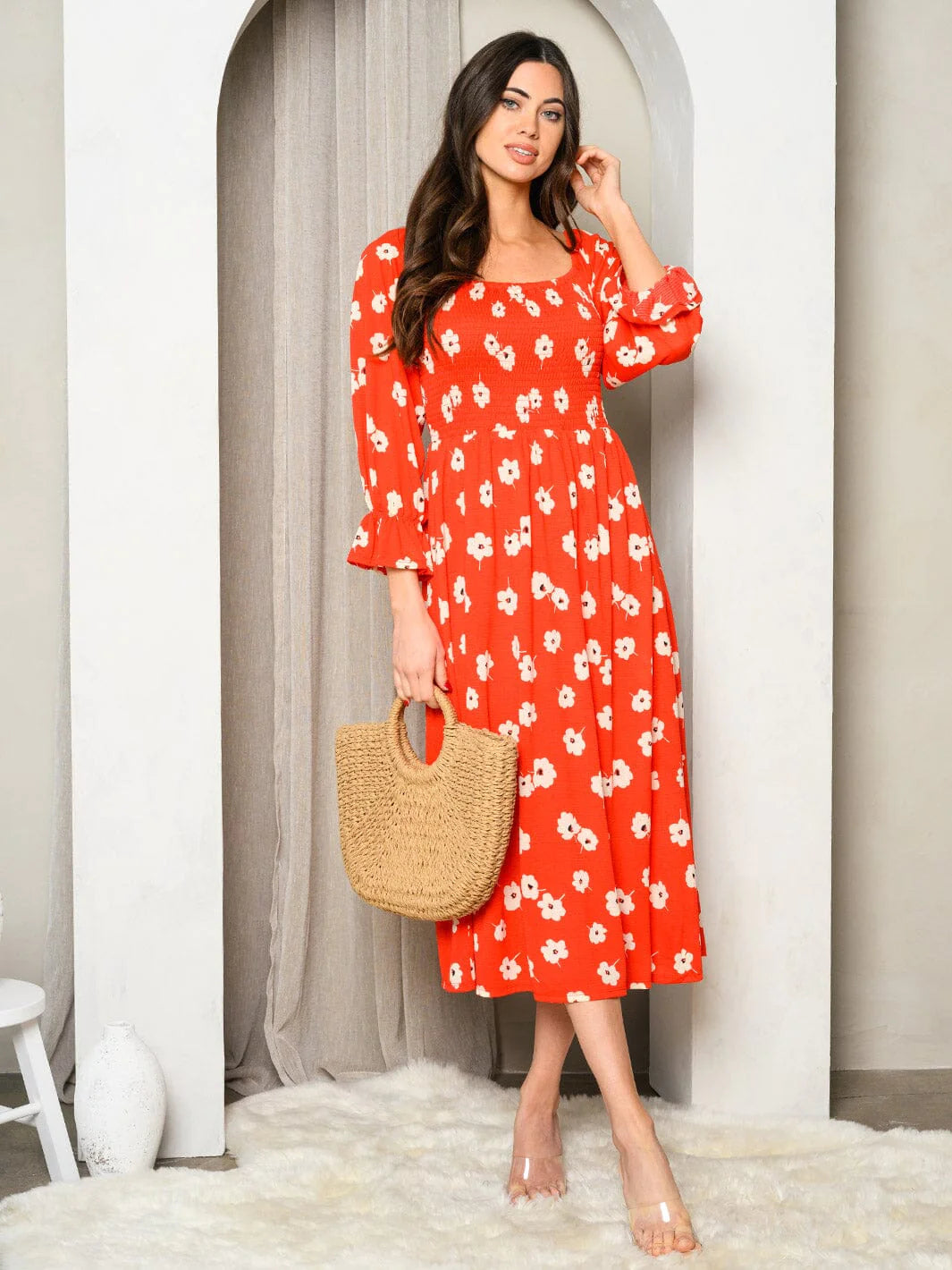 Kyoto Floral Denni Smocked Midi Dress A101