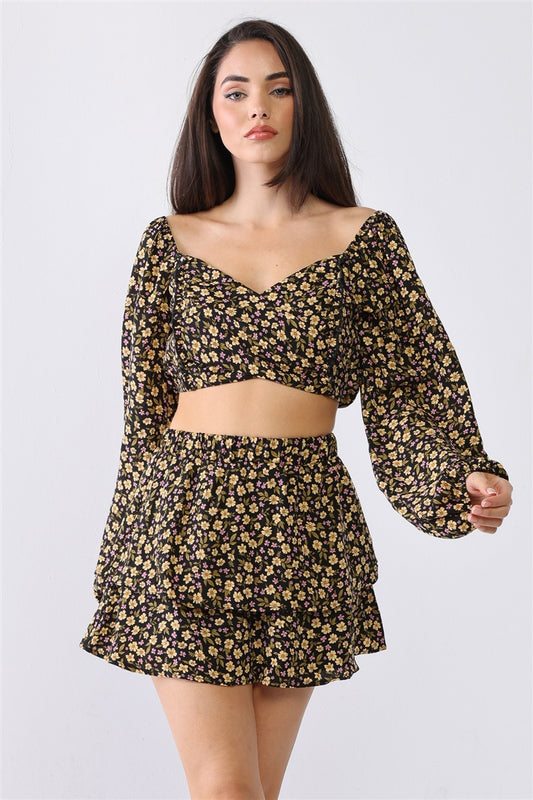 Floral Print Wrap Neck Puff Balloon Long Sleeve & High Waist Layered Mini Skirt Set 519