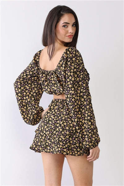 Floral Print Wrap Neck Puff Balloon Long Sleeve & High Waist Layered Mini Skirt Set 519