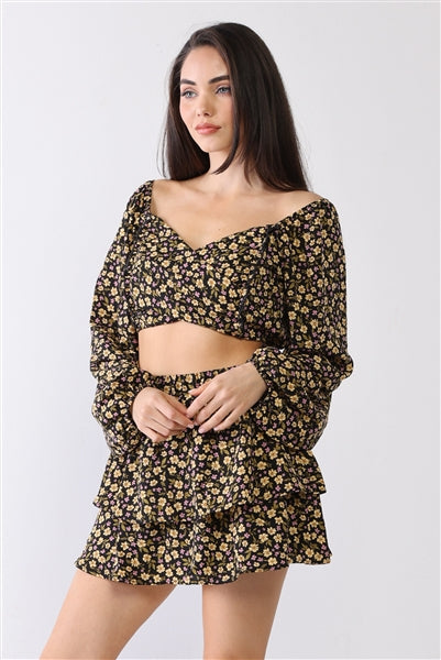 Floral Print Wrap Neck Puff Balloon Long Sleeve & High Waist Layered Mini Skirt Set 519