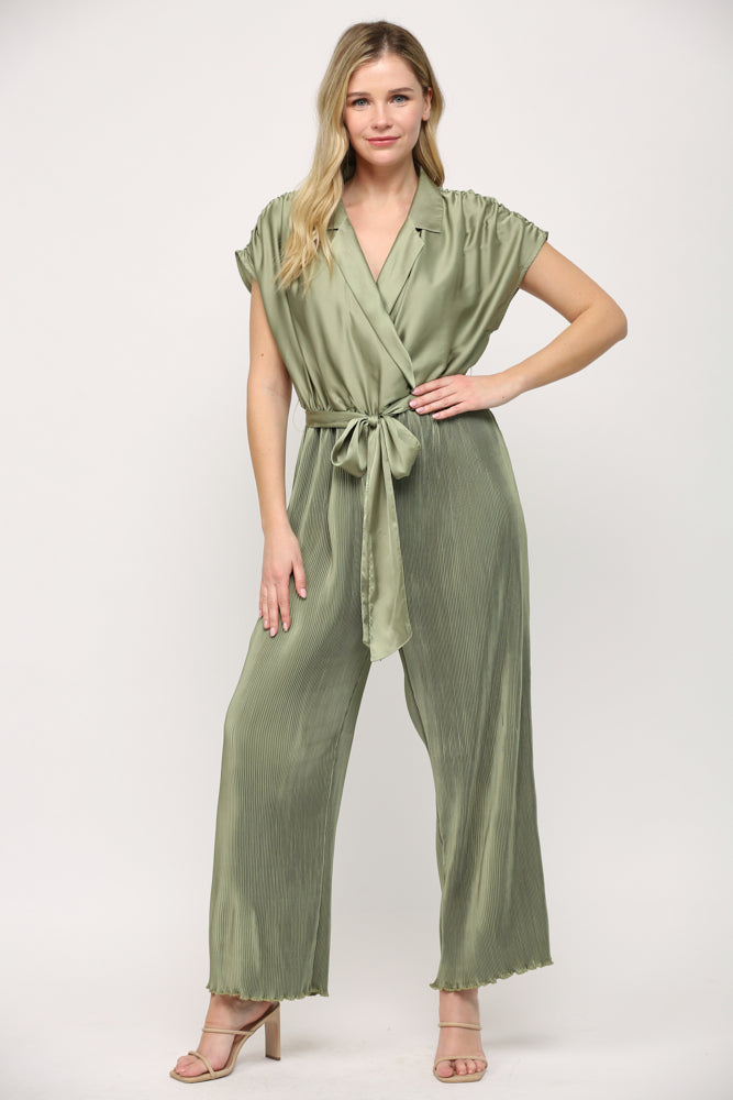 PLEATED BOTTOM LAPEL COLLAR JUMPSUIT