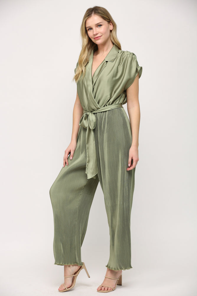 PLEATED BOTTOM LAPEL COLLAR JUMPSUIT