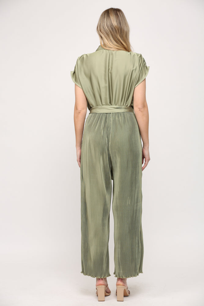 PLEATED BOTTOM LAPEL COLLAR JUMPSUIT