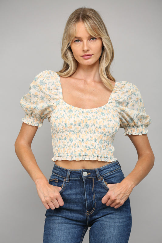 EMB Fabric Smocked Puff Slv Crop Top - J406