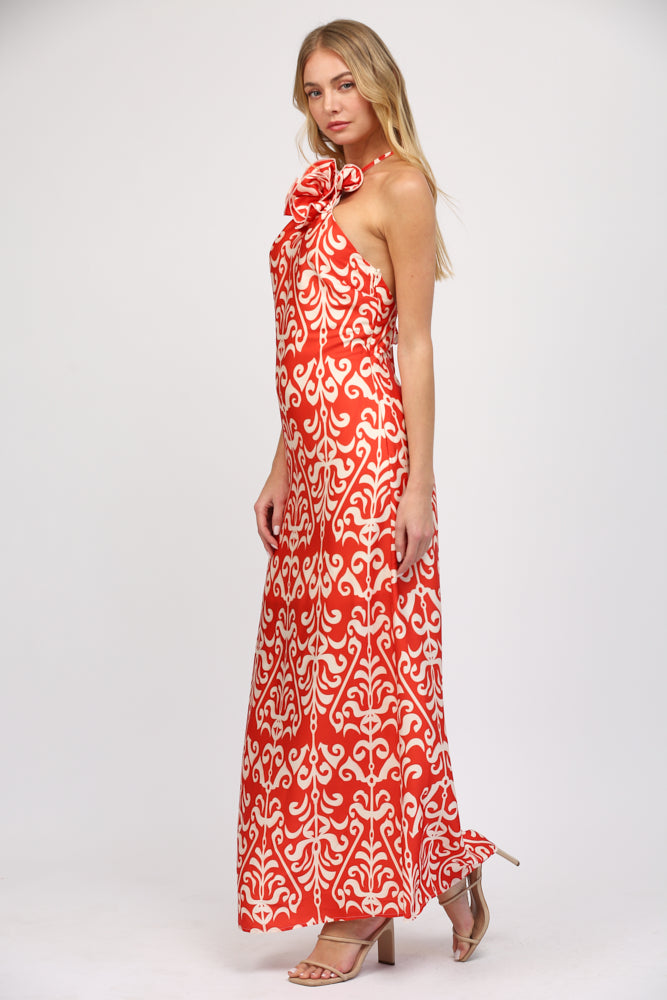 Front Neck Floral Corsage Detailed Open Back Slim Maxi Dress - J305