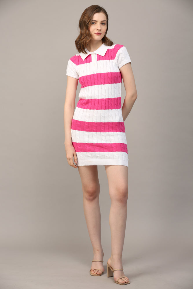 Stripe Polo Collar Short Slv Sweater Dress - J411