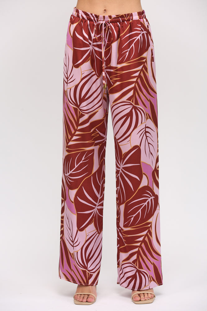 TROPICAL PRINT SATIN WIDE LEG PANTS J503