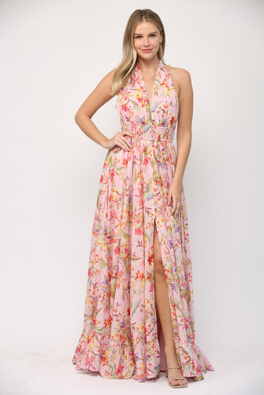 PRINTED COTTON VOILE TIE BACK MAXI DRESS J201