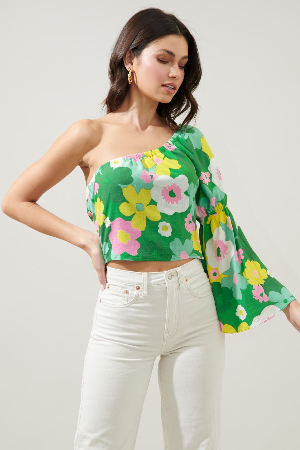 Wrenly Floral Cool It One Shoulder Bell Sleeve Top & High Waisted Shorts B103