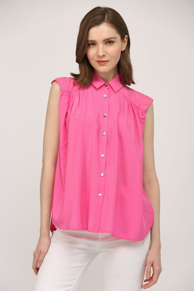 Wide Yoke Button Down Slv Flowy Woven Top - J417