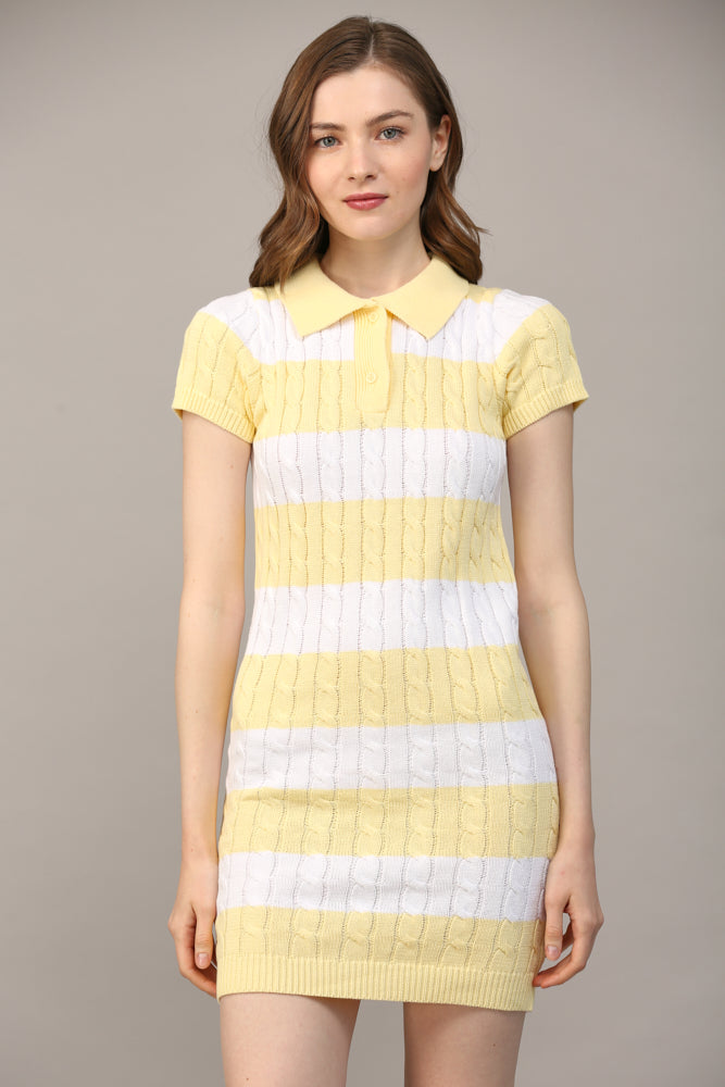 Stripe Polo Collar Short Slv Sweater Dress - J411