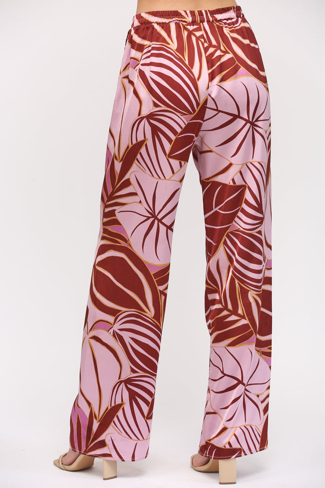 TROPICAL PRINT SATIN WIDE LEG PANTS J503