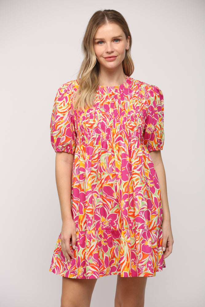 FLORAL PRINT POPLIN SHIRRED BODICE DRESS - J306