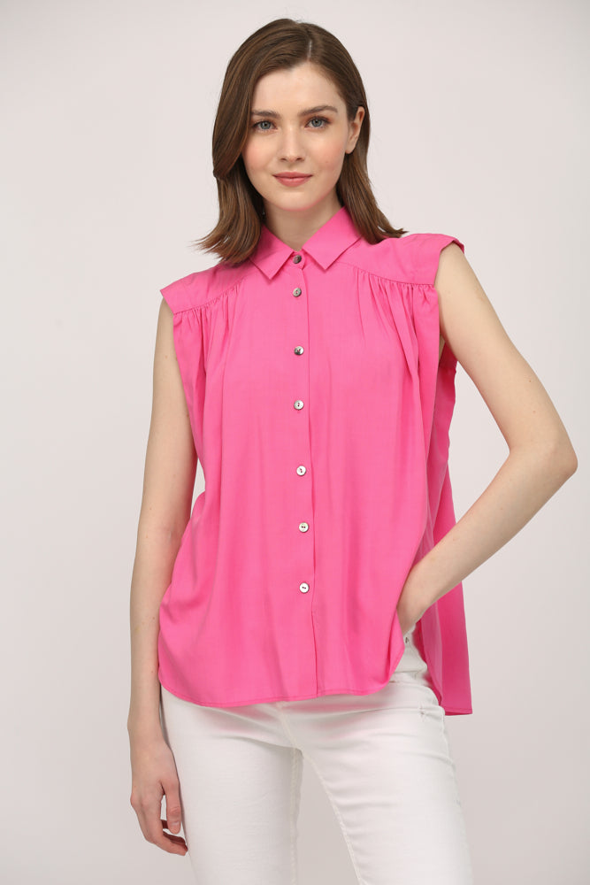 Wide Yoke Button Down Slv Flowy Woven Top - J417