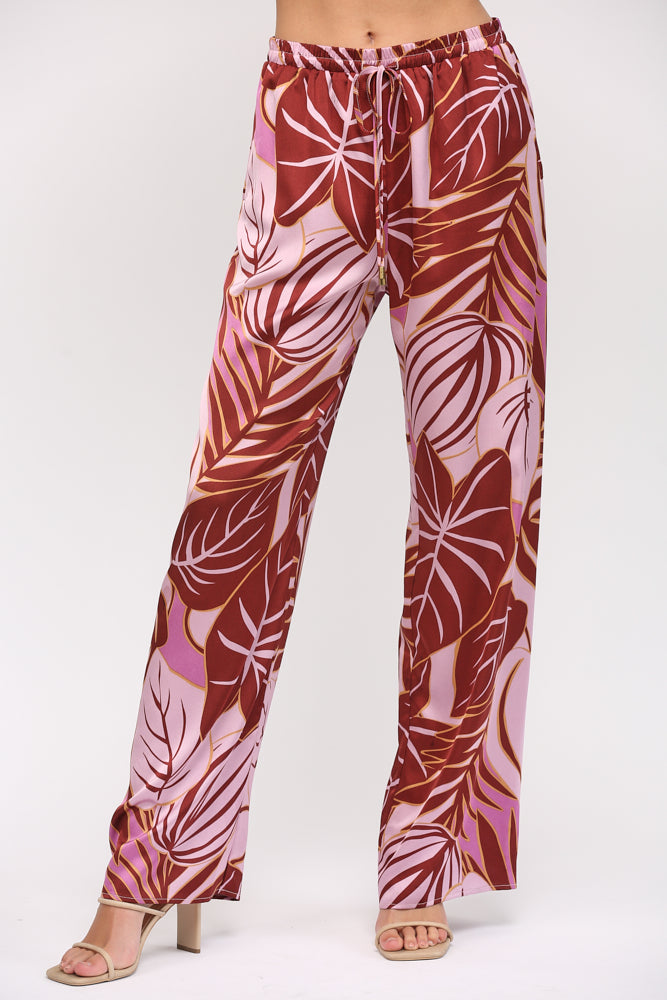 TROPICAL PRINT SATIN WIDE LEG PANTS J503