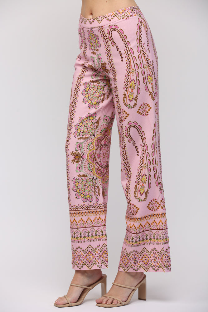 BORDER PRINT LINEN BLEND HIGH WAIST TROUSERS - B412