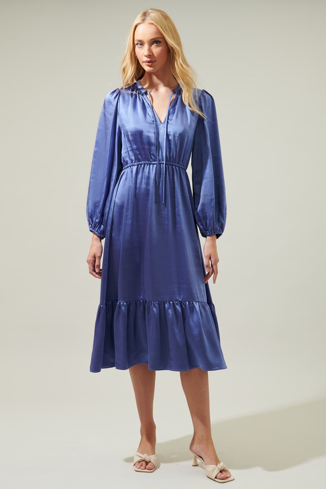 Alexia Satin Balloon Sleeve Midi Dress - C504