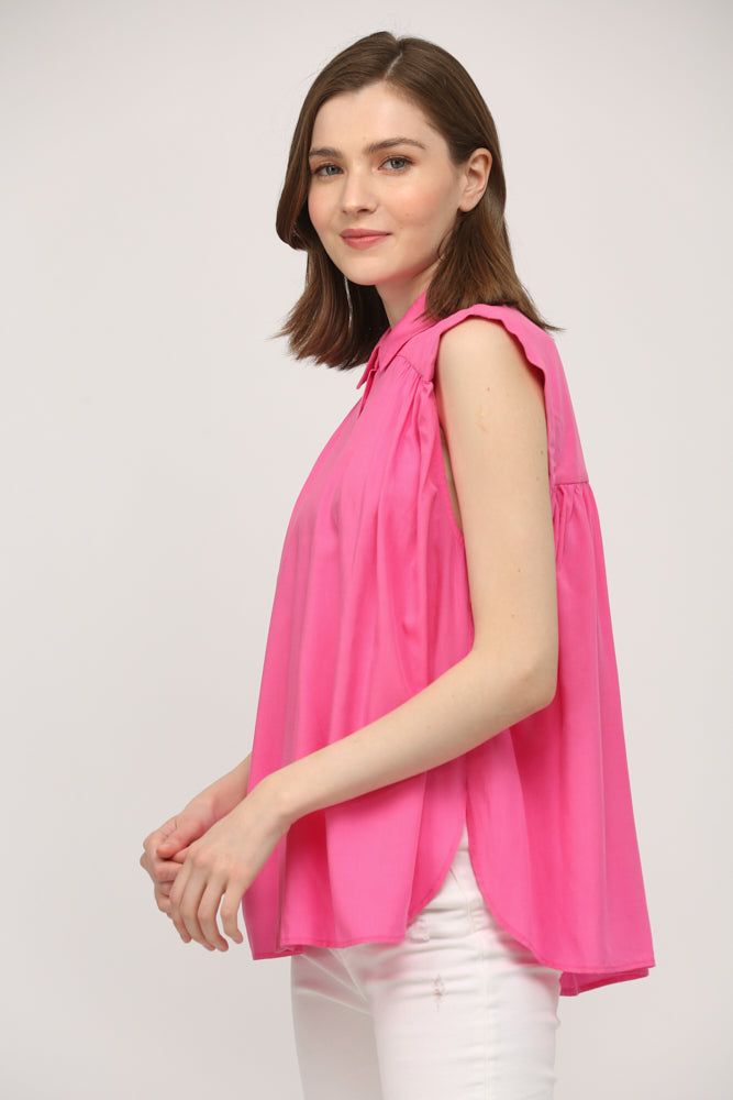 Wide Yoke Button Down Slv Flowy Woven Top - J417