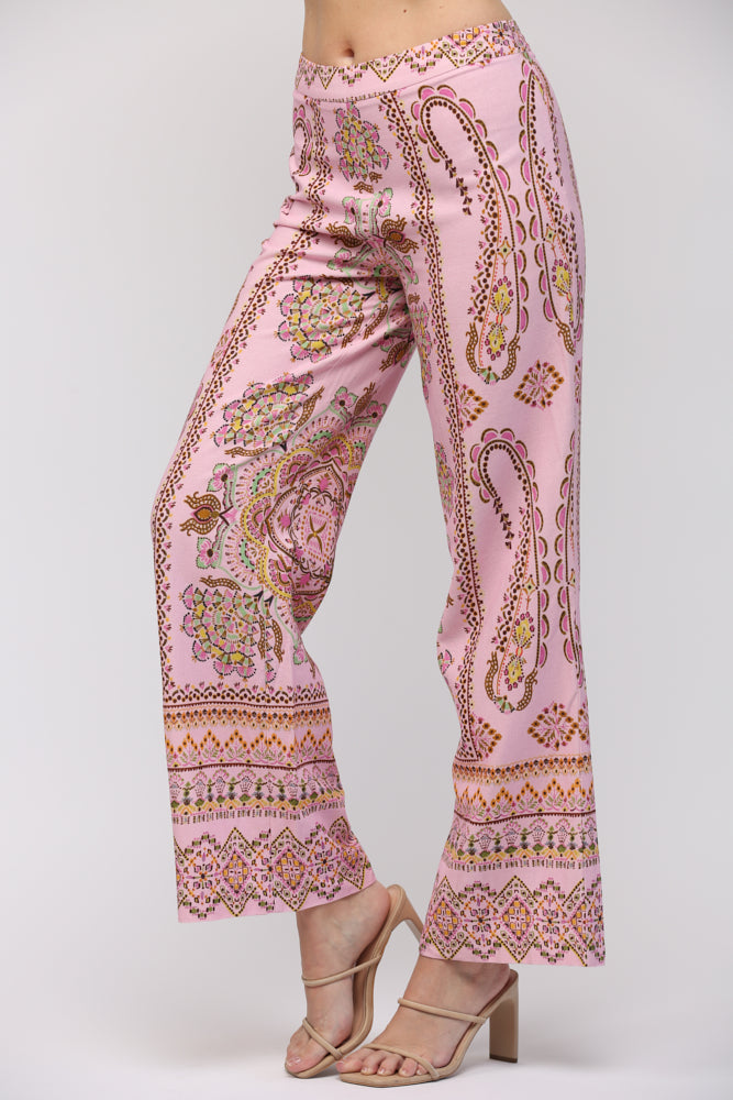 BORDER PRINT LINEN BLEND HIGH WAIST TROUSERS - B412